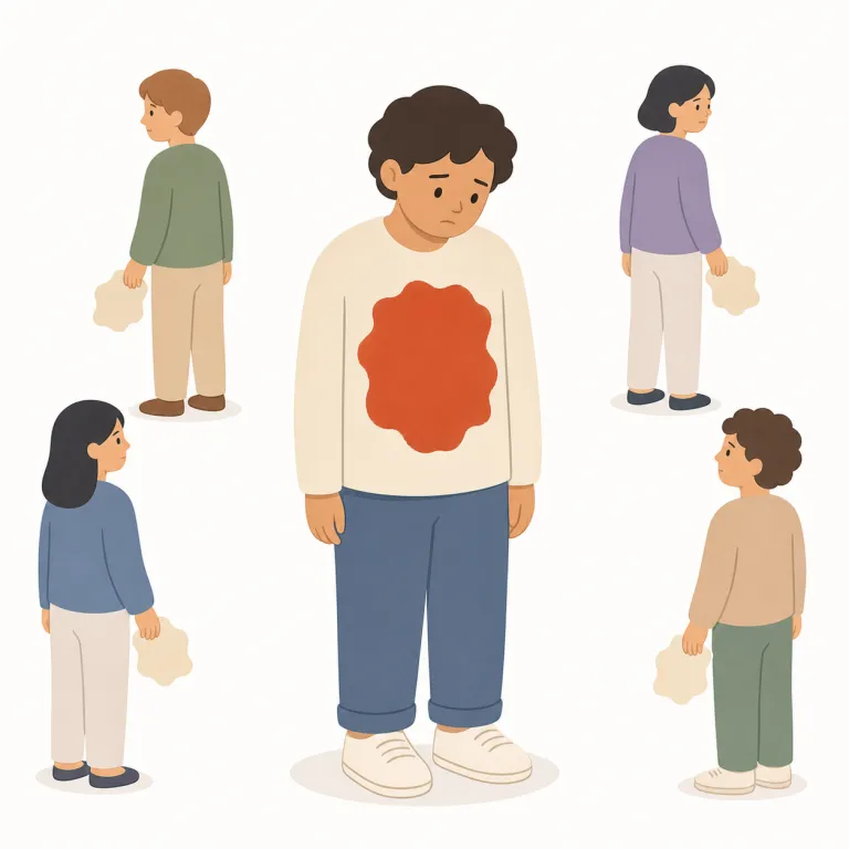 stigmatization（烙印を押すこと、汚名を着せること・名詞）の覚え方イラスト — まず土台を stigma「否定的なレッテル」として押さえる