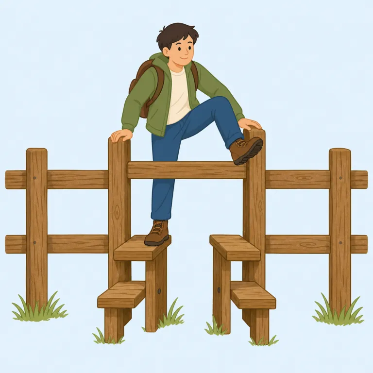 stile（踏み越し段・名詞）の覚え方イラスト — stile は日常語ではないので、まず step・stair と近い「またいで上がる足場」の仲間として覚えると残りやすい