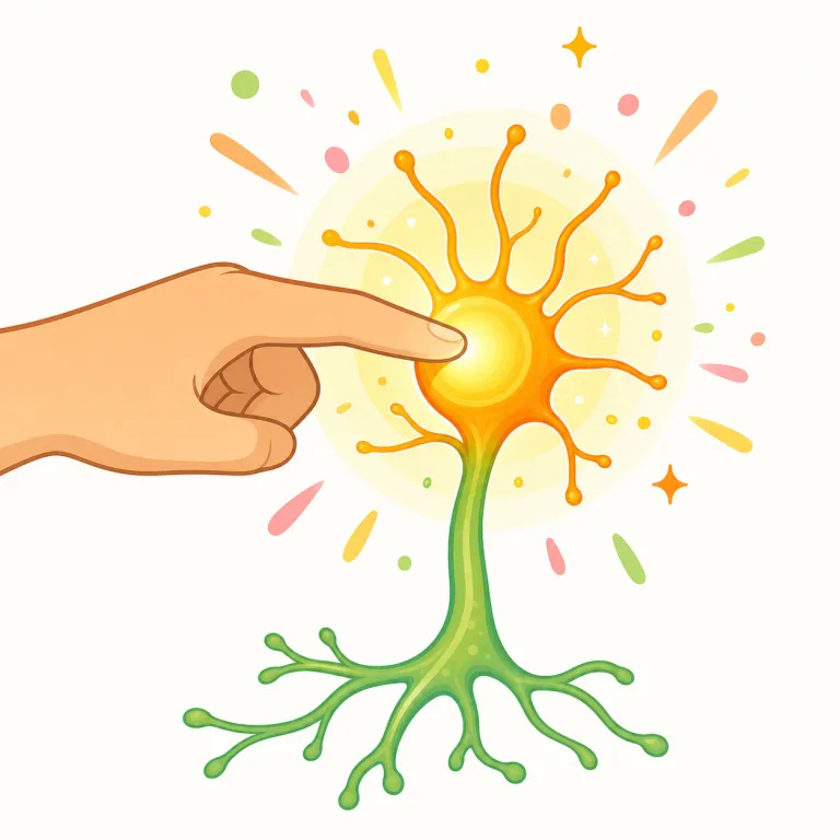 stimulate（刺激する・動詞）の覚え方イラスト — stimulate は「刺激する」として、人の好奇心・思考・感覚・神経などに外から働きかけ、反応を起こさせるイメージで覚えます