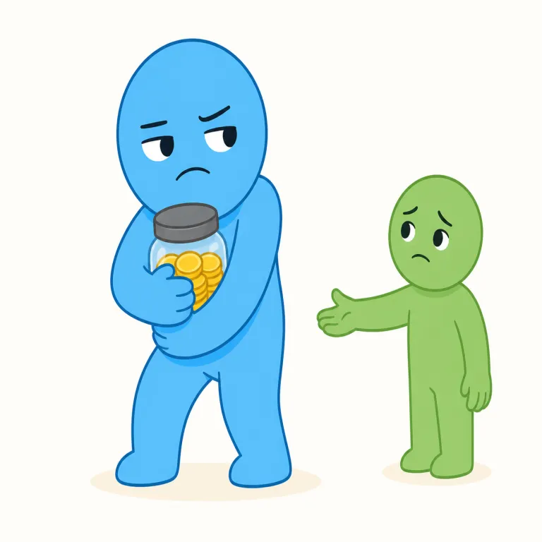stingy（ケチな・形容詞）の覚え方イラスト — stingy は「ケチな」という人への否定的な評価として覚えます