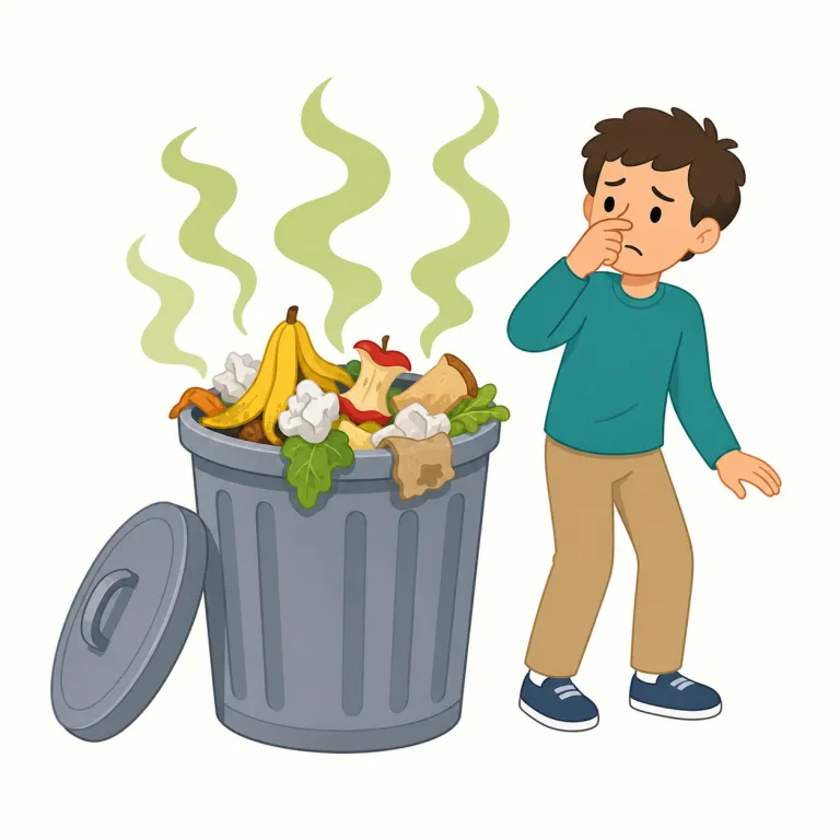 stink（悪臭を放つ・動詞）の覚え方イラスト — smell が中立で「におう」なのに対し、stink は最初から『ひどく臭う』と不快さ込み