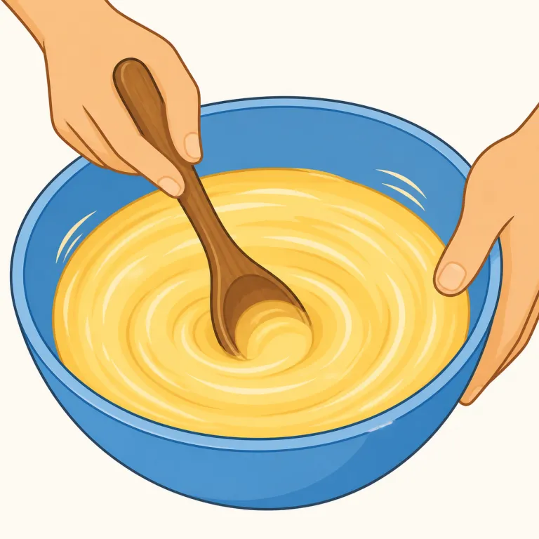 stir（かき混ぜる・動詞）の覚え方イラスト — stir は料理で「中身を道具で動かして混ぜる」動作です