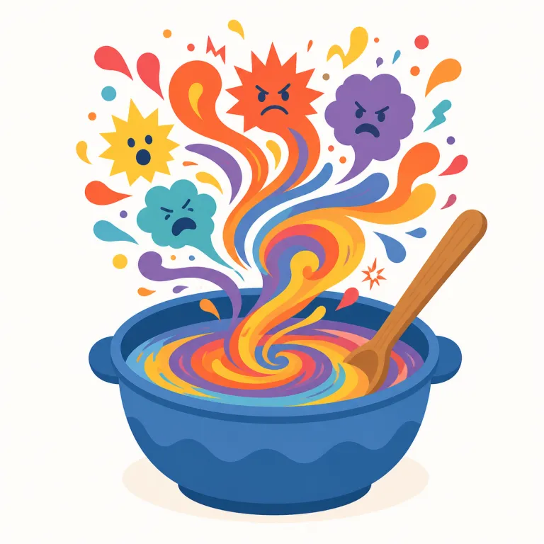 stir up（かき立てる・句動詞）の覚え方イラスト — stir up は、静かだった感情・議論・騒動を刺激して表面化させる表現です