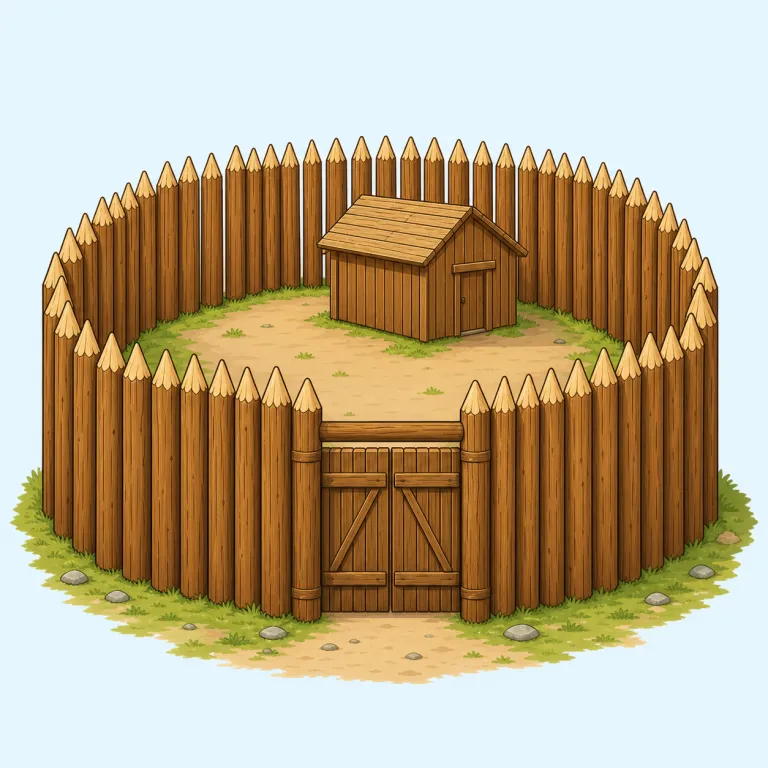 stockade（防御用の柵、囲い；営倉・名詞）の覚え方イラスト — stockade は、まず stake（杭）や fence（柵）のイメージと結びつけると覚えやすい語です