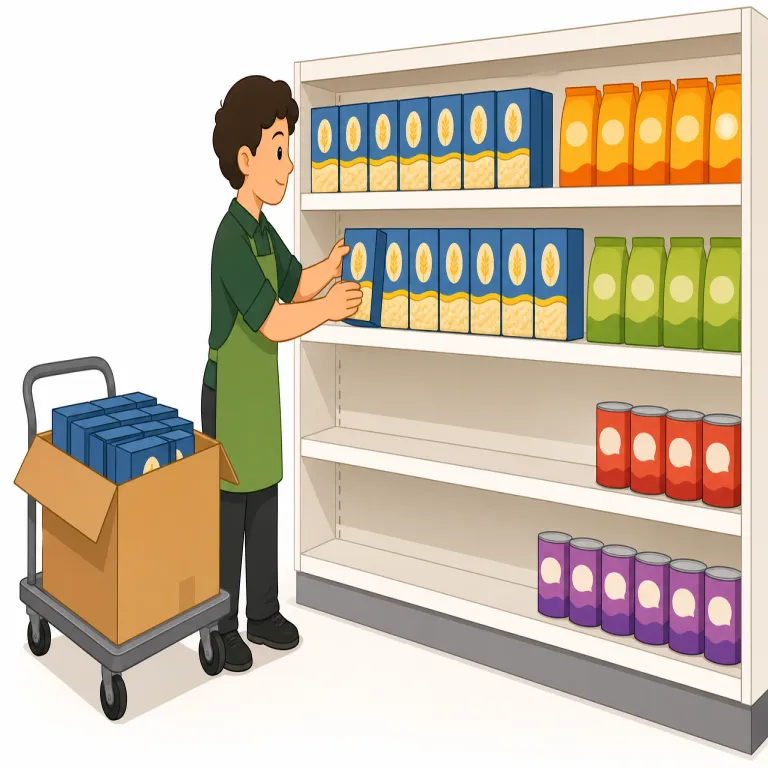 stocker（商品補充係・名詞）の覚え方イラスト — この意味の stocker は、stock「在庫・商品」を棚や売り場で扱う人と考えると覚えやすいです
