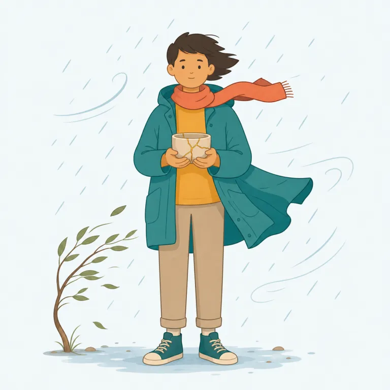 stoically（冷静に・副詞）の覚え方イラスト — stoically は stoic「感情を表に出さない人・禁欲的な」を土台にすると覚えやすいです