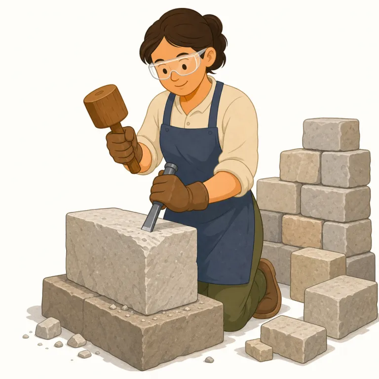 stonemason（石工・名詞）の覚え方イラスト — `stone`（石）と`mason`（れんが・石を積む職人）がそのまま合体した語で、まず形から覚えると定着しやすいです