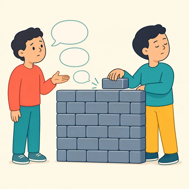 stonewall（はぐらかす・動詞）の覚え方イラスト — stone + wall で、「質問を投げても石の壁に当たって先へ進まない」と置くと覚えやすい語です