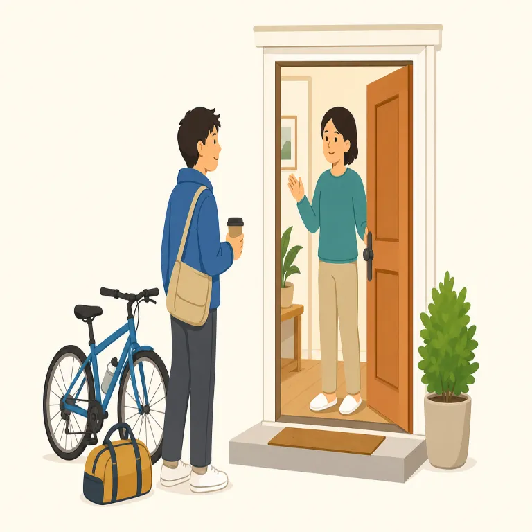 stop by（立ち寄る・句動詞）の覚え方イラスト — "stop by" は stop を「完全に止まる」でなく「ちょっと足を止める」と捉えると覚えやすい表現です