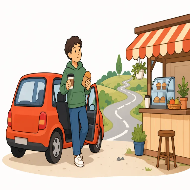stop off（立ち寄る・句動詞）の覚え方イラスト — stop + off で「移動をいったん止め、本筋のルートから少し外れる」と捉えると覚えやすいです