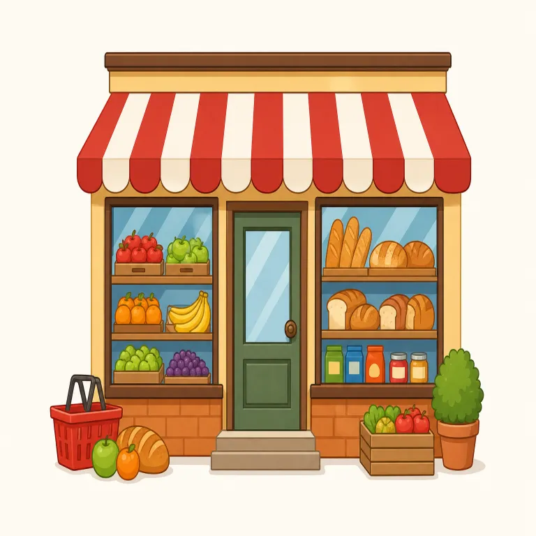 store（店・名詞）の覚え方イラスト — この名詞用法では、単なる「建物」よりも「商品をそろえて販売する小売の拠点」と捉えると安定します