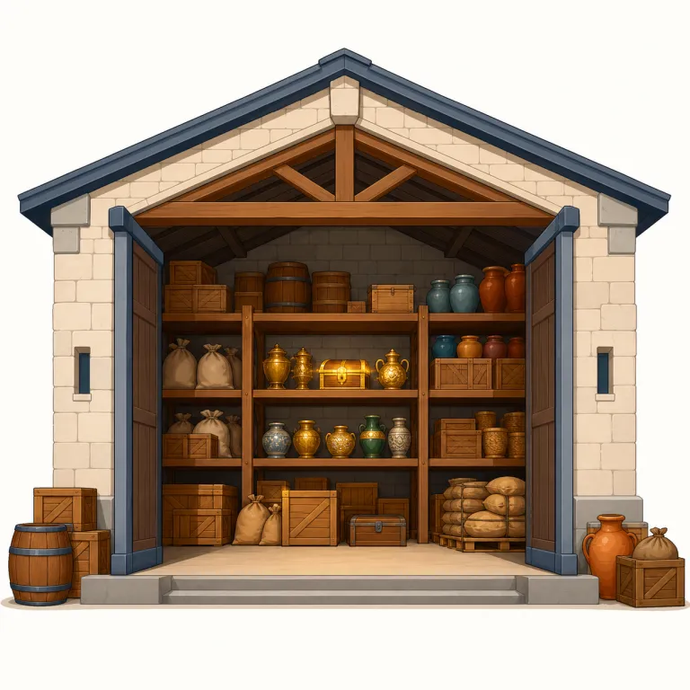 storehouse（倉庫、貯蔵庫、宝庫・名詞）の覚え方イラスト — store と house をそのまま重ねて、「物をしまっておくための建物」をまず思い浮かべると定着しやすい語です