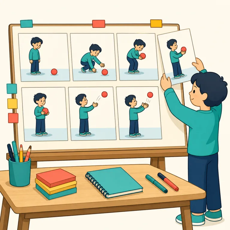 storyboarding（絵コンテ作成・名詞）の覚え方イラスト — storyboarding は story と board を手がかりに、「物語を板の上に順番に並べて見える化する作業」と覚えると分かりやすいです