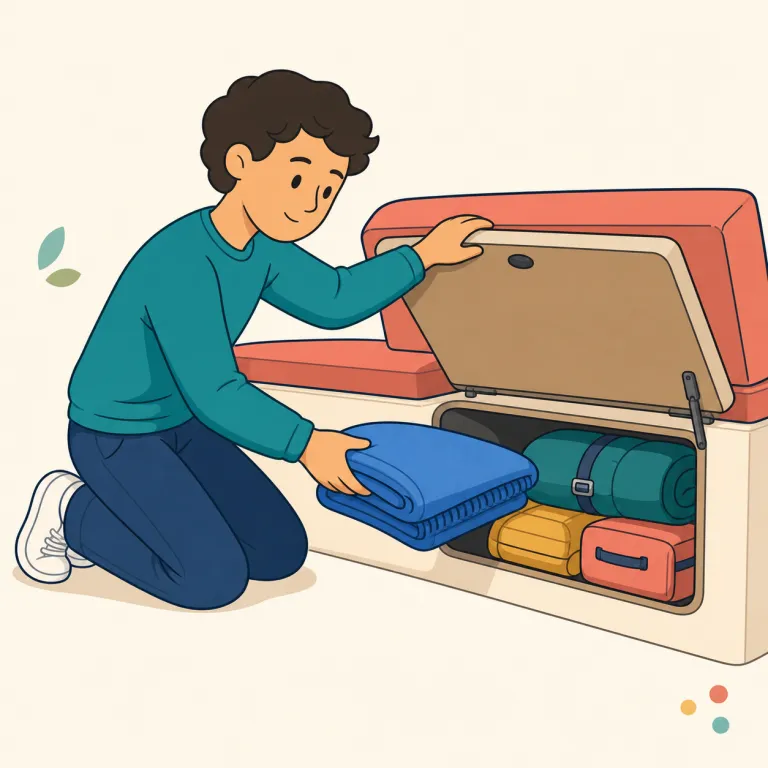 stow（収納する・動詞）の覚え方イラスト — stow は、船・飛行機・車などで荷物を所定の場所へ「きちんと収納する」動詞