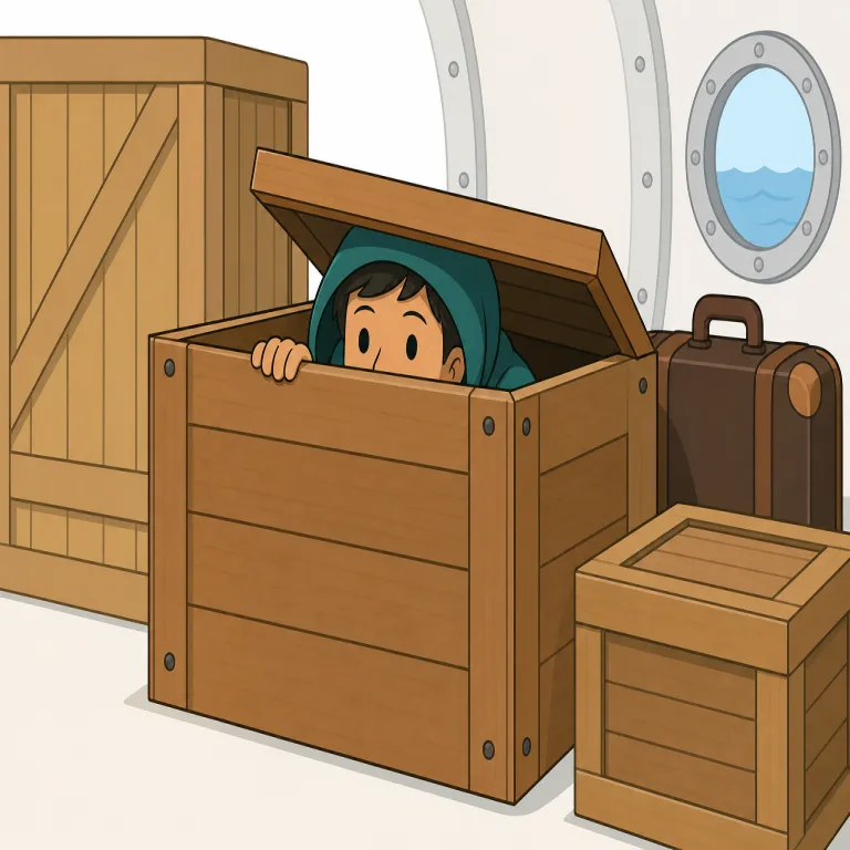 stowaway（密航者・名詞）の覚え方イラスト — stow は「荷物をしまう・積み込む」、away は「見えない所へ」