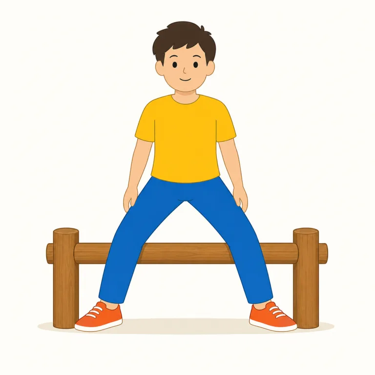 straddle（またがる・動詞）の覚え方イラスト — 「片側にいる」のではなく「両側に足を出してまたぐ」絵で覚える語