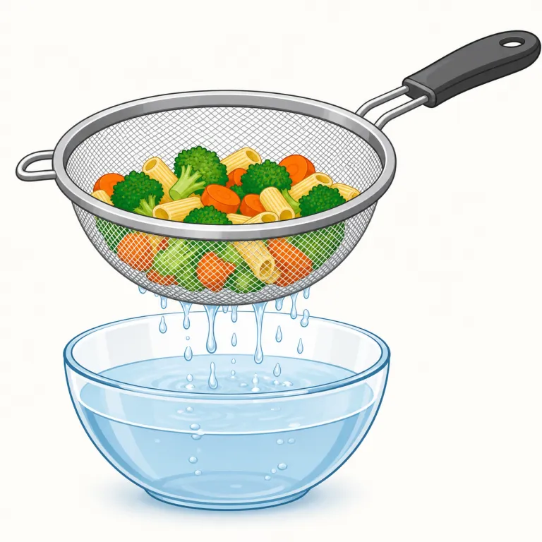 strainer（こし器、ざる・名詞）の覚え方イラスト — strain が分かると覚えやすい語です