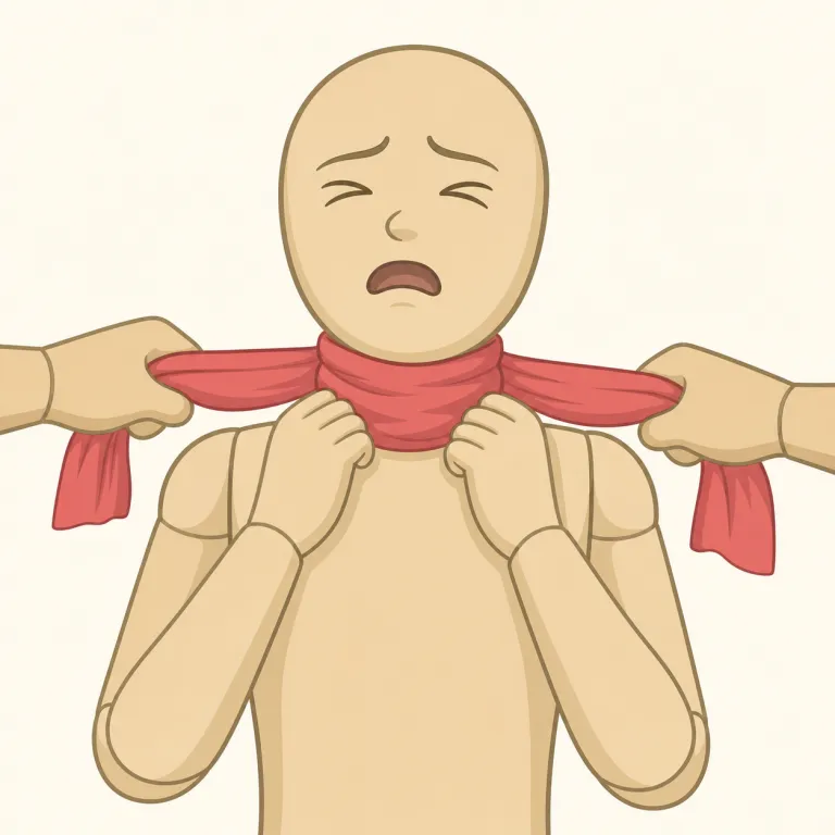 strangles（絞め殺す・動詞）の覚え方イラスト — このレコードでは「首を絞める動作」より、その行為が死に結びついた点を意識するとよいです