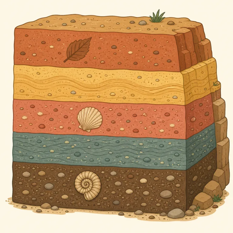 stratigraphic（地層の・形容詞）の覚え方イラスト — stratigraphic は stratum「層」と -ic「〜の」から考えると入りやすい語です