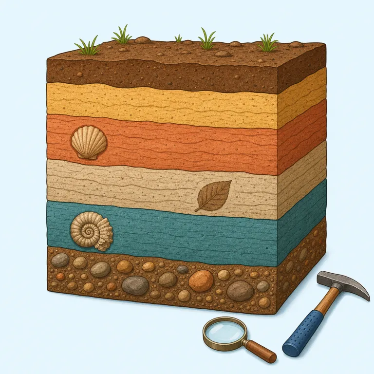 stratigraphy（層序学・名詞）の覚え方イラスト — strata（複数の層）や stratify（層に分ける）を知っていると核は「層」