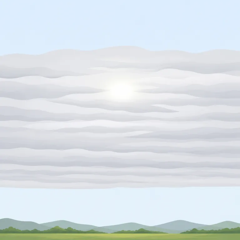 stratus（層雲・名詞）の覚え方イラスト — このエントリの stratus は、雲を広く説明する「層状の雲」ではなく、気象分類としての「層雲」を指します