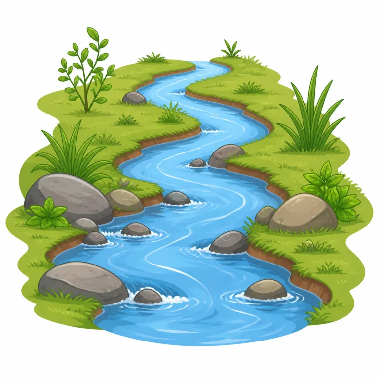stream（流れる・動詞）の覚え方イラスト — 名詞の「小川」から、動詞では「小川のように連なって動く」と考えると自然です