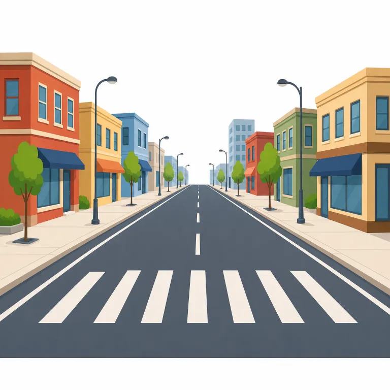 street（通り・名詞）の覚え方イラスト — street は road より「町の中」の感じが強く、両側に建物や店が並ぶ通りを思い浮かべると定着しやすいです