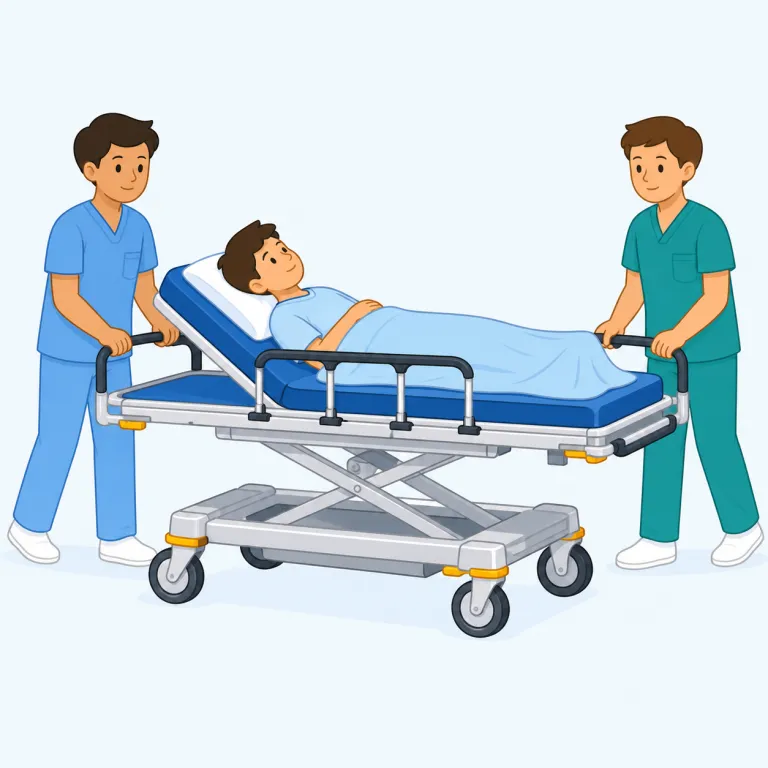 stretcher（担架・名詞）の覚え方イラスト — まず `stretch`（伸ばす・ぴんと張る）を思い出すと覚えやすいです