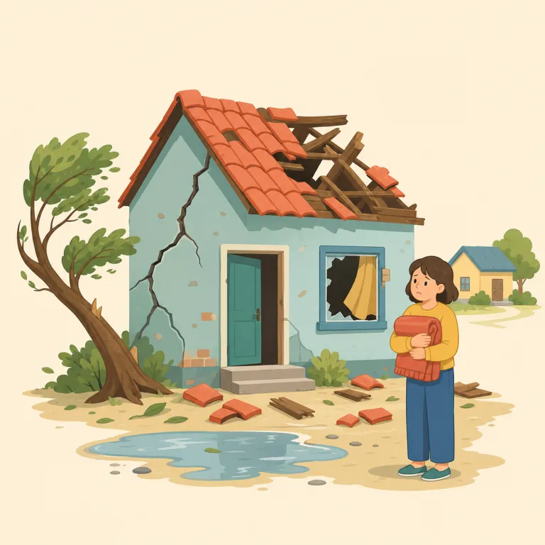 stricken（被災した・形容詞）の覚え方イラスト — stricken は「強く打たれた」とイメージすると残りやすい