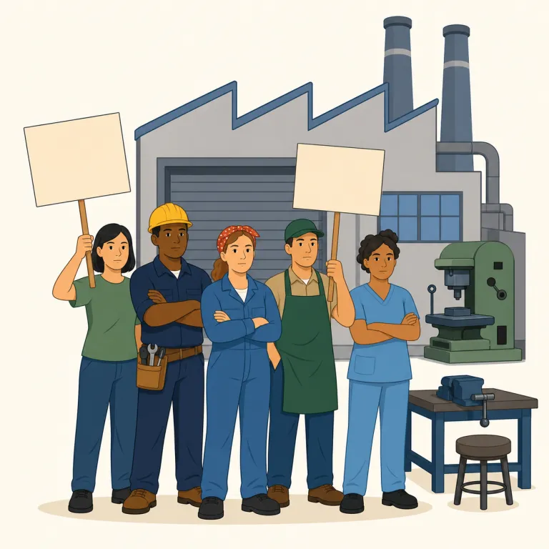 strike（ストライキ・名詞）の覚え方イラスト — まず動詞の strike にある「強く働きかける・打つ」という感覚を土台にすると、労働者側が会社に圧力をかけるために仕事を止める名詞 strike も覚えやすいです