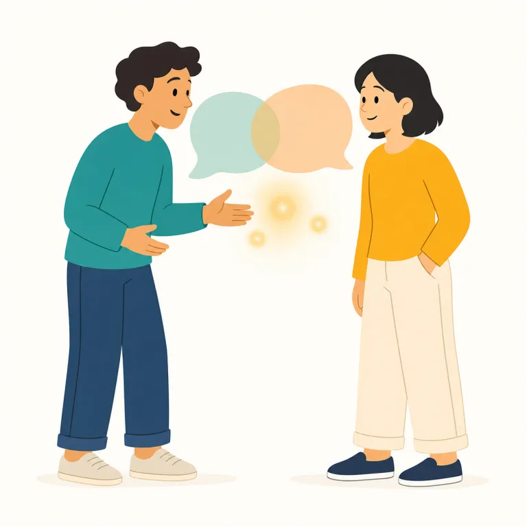 strike up（会話や関係を始める・句動詞）の覚え方イラスト — strike up は、人とのやり取りをその場で始める意味です