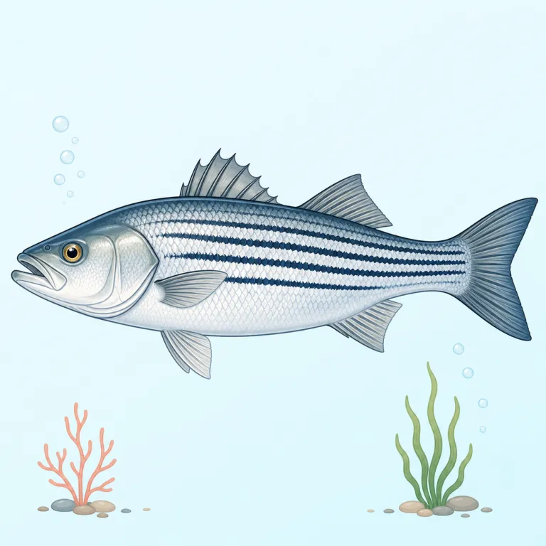 striper（ストライパー（シマスズキなど）・名詞）の覚え方イラスト — striper は stripe「縞」から来た、縞模様の魚の呼び名として覚えるとよいです
