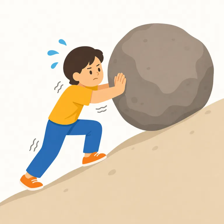 struggle（苦闘する・動詞）の覚え方イラスト — struggle は「苦しいけれど止まっていない」ことが核心です