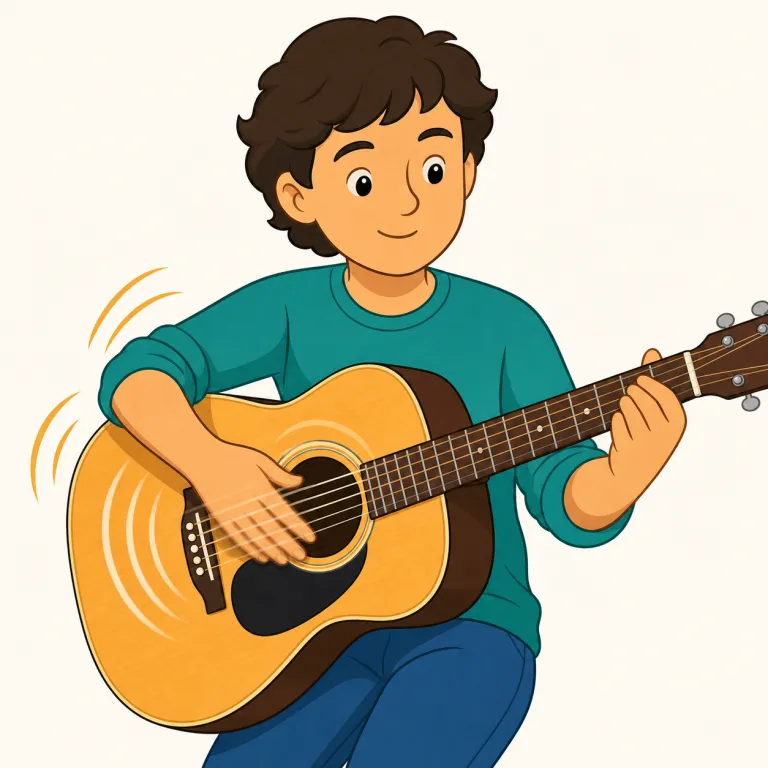 strum（かき鳴らす・動詞）の覚え方イラスト — まず guitar や ukulele と一緒に覚えると定着しやすい語です