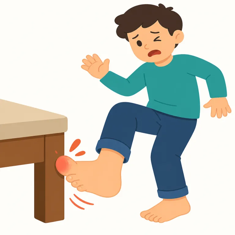 stubbed（（つま先を）ぶつけた／（たばこの火を）もみ消した・動詞）の覚え方イラスト — まず `stubbed my toe` をひとかたまりで覚えると定着しやすいです