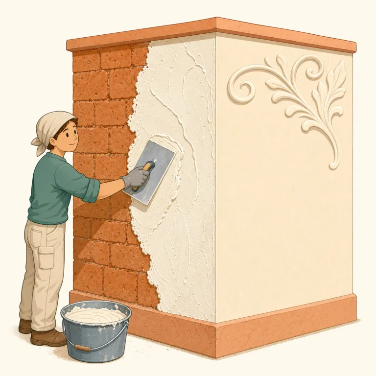 stucco（漆喰・名詞）の覚え方イラスト — plaster を知っているなら、その親類で「建物の壁の仕上げ材」と覚えると残りやすい