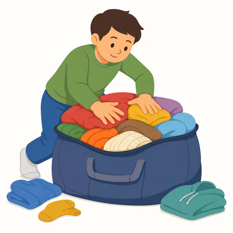 stuff（物、もの・名詞）の覚え方イラスト — 部屋を片づけるときの「このへんの物、全部」という感覚が stuff