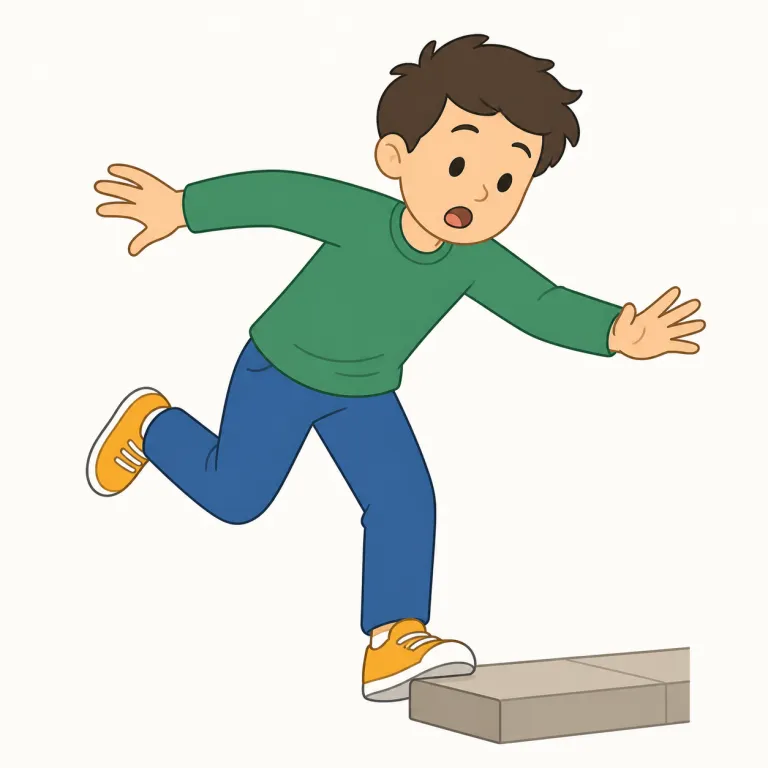 stumble（つまずく・動詞）の覚え方イラスト — stumble を「つまずく」として覚えるときは、足が段差や石などに引っかかり、歩く流れが急に止まったり乱れたりする場面を思い浮かべます