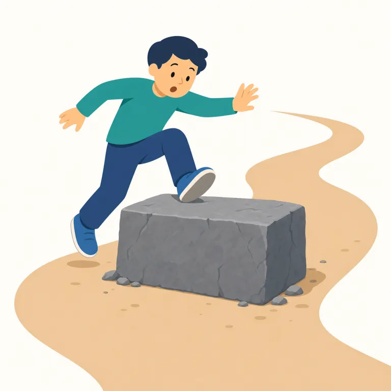 stumbling block（障害・イディオム）の覚え方イラスト — stumble は「つまずく」、block は「行く手をふさぐ物」