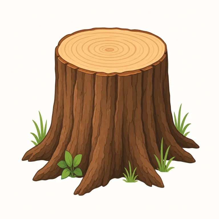 stump（切り株・名詞）の覚え方イラスト — tree stump とまとめて覚えると、木全体ではなく「切られたあとに地面から突き出ている根元」だとつかみやすいです
