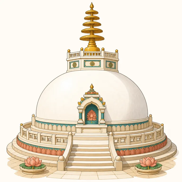 stupa（仏塔・名詞）の覚え方イラスト — stupa は「仏塔」として、temple「寺院」全体ではなく、仏教で聖なる遺物や記念対象に関わる塔状・塚状の建造物を指す語として覚えます