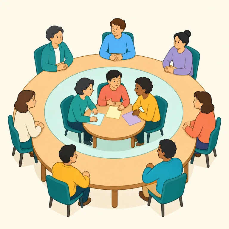 subcommittee（分科会・名詞）の覚え方イラスト — sub- は subway, subtitle, subcategory でも見える「下位・部分」の接頭辞