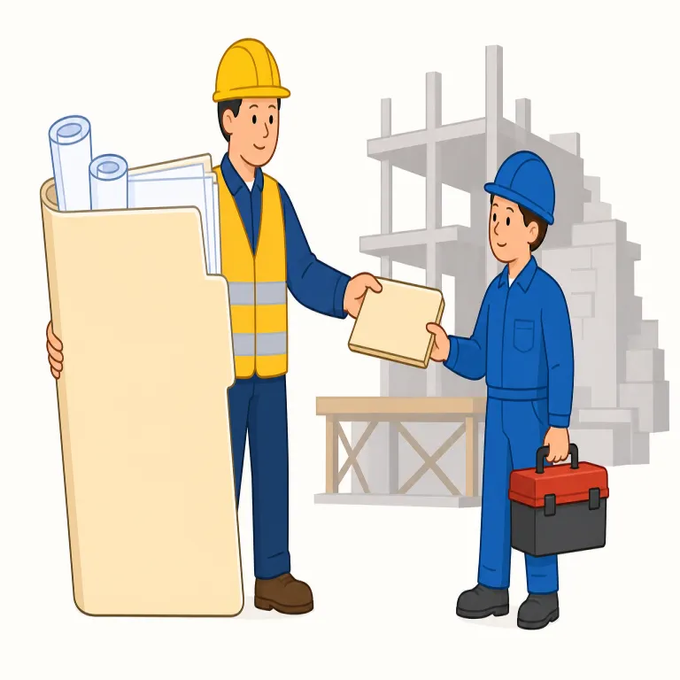 subcontract（下請けに出す・動詞）の覚え方イラスト — subcontract は「主契約の下に別契約を置く」と考えると覚えやすい語です