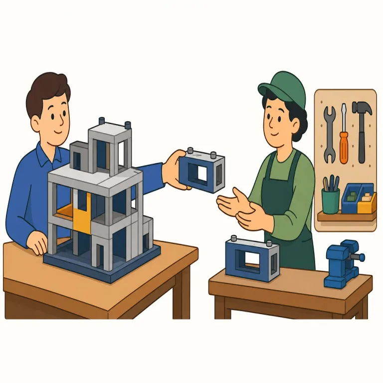 subcontracting（下請け・名詞）の覚え方イラスト — 名詞の subcontracting は、個々の「出す」動作より、下請けを利用する方式・産業構造に目を向ける語です