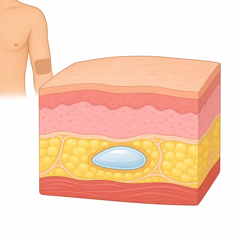 subcutaneous（皮下・形容詞）の覚え方イラスト — sub- は subway や submarine と同じく「下へ・下にある」を表すので、まず何かの下側を示す語だとつかむ