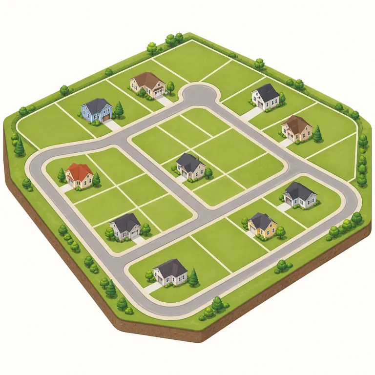 subdivision（区画分け、分譲地・名詞）の覚え方イラスト — divide「分ける」を知っていれば、subdivision は sub-「さらに下位へ」+ division で「大きなものを小区画に分けたもの」とつながる