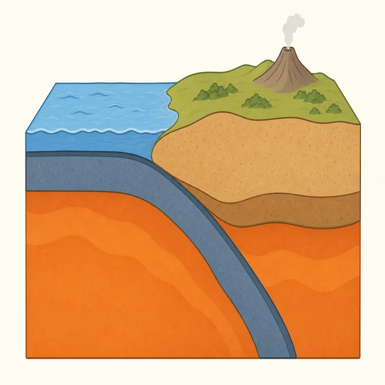 subducted（沈み込んだ・動詞）の覚え方イラスト — sub- を見たらまず「下」を連想し、duct は conduct などで見たことのある「動かす・導く」系の形としてまとめて覚えると、「下へ引き込まれた」が核になります
