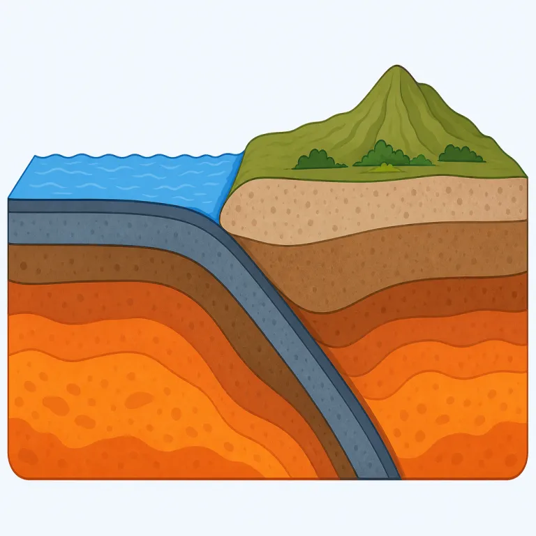 subducting（沈み込む・動詞）の覚え方イラスト — sub- は submarine, subway などの「下」の感覚でつかむと入りやすい