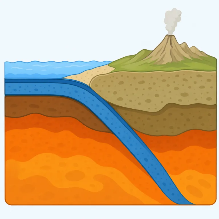 subduction（沈み込み・名詞）の覚え方イラスト — sub- は「下」、-duct / -duce は conduct・reduce などにもある「導く、動かす」系だと押さえると、subduction は「下へ導かれる動き」→プ…