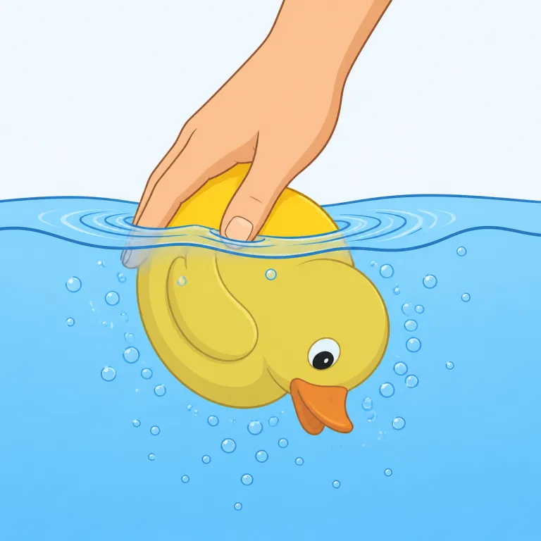 submerge（水没させる・動詞）の覚え方イラスト — このエントリでは submerge を他動詞として、「何かを水面下に入れて水没させる」と覚えます